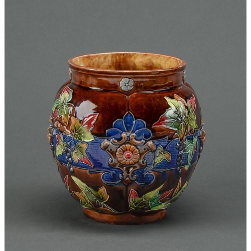 Appraisal: A German majolica cache pot c moulded with strapwork and