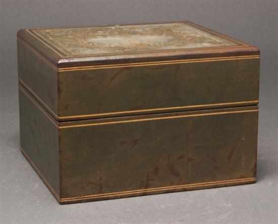 Appraisal: Leather playing-card box with carved Chinese jade inset top early