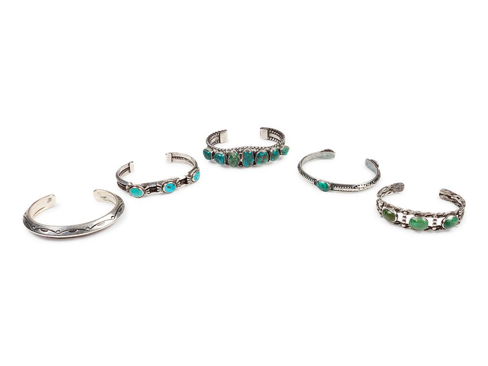 Appraisal: Five Navajo and Zuni Silver Cuff Bracelets one stamped LP