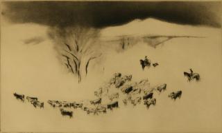 Appraisal: GENE KLOSS - PENCIL SIGNED ETCHING Titled 'Winter Round-Up' and