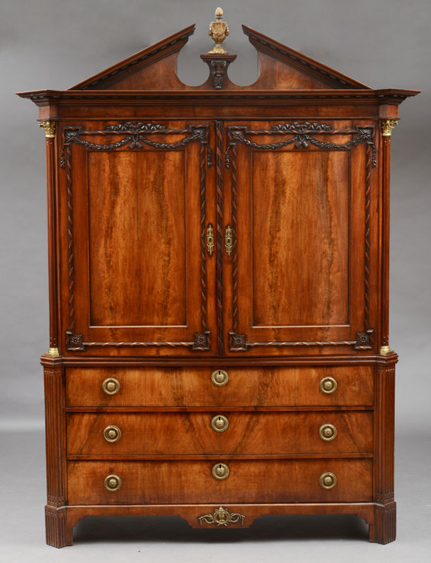 Appraisal: FINE DUTCH NEOCLASSICAL GILT-BRONZE-MOUNTED CARVED MAHOGANY LINEN PRESS The broken