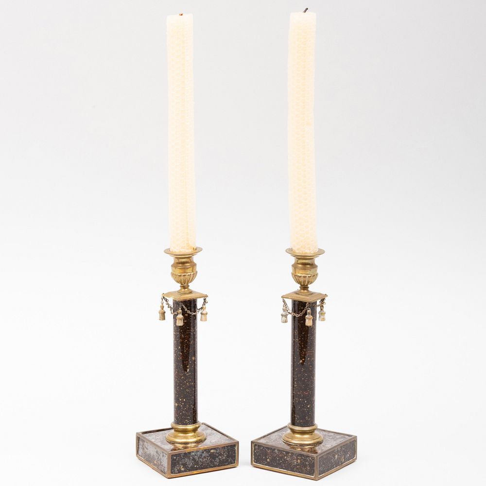 Appraisal: Pair of Regency Style Ormolu Mounted Faux Marble Candlesticks x