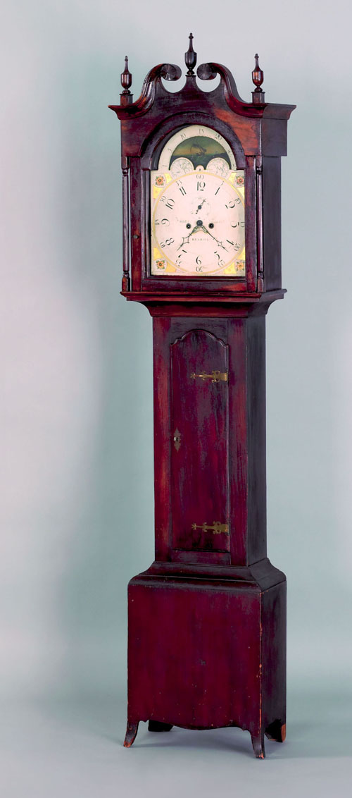 Appraisal: Pennsylvania stained pine tall case clock ca the broken arch