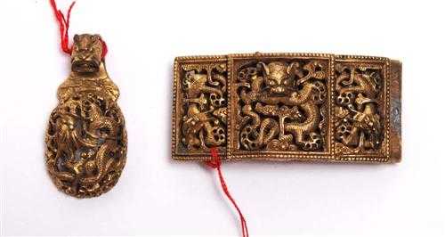 Appraisal: BELT BUCKLE AND HOOK China Qing-Dynasty L and cm Gilt