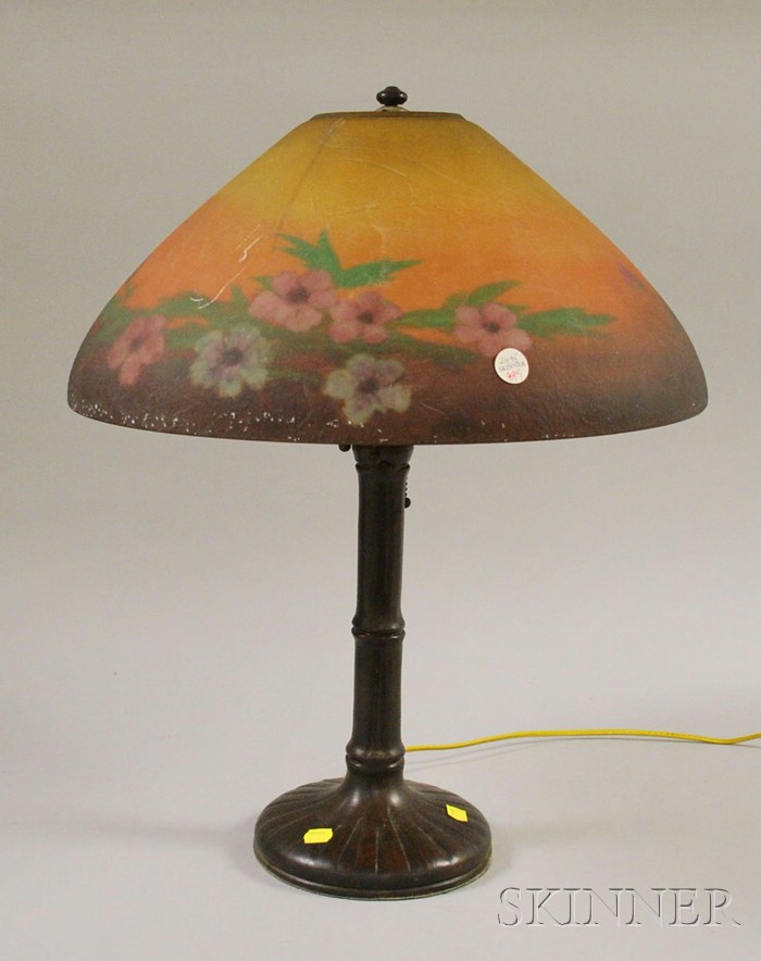 Appraisal: Jefferson Reverse-painted Floral Decorated Glass Lamp Shade on a Handel