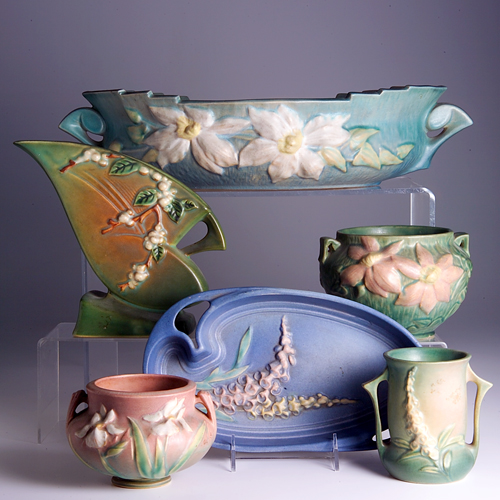 Appraisal: Six ROSEVILLE pieces to include a blue Clematis console bowl