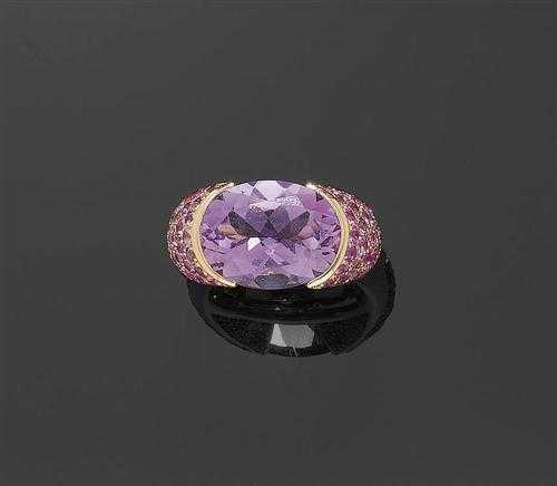 Appraisal: AMETHYST SAPPHIRE AND BRILLIANT-CUT DIAMOND-RING Ros gold Decorative band ring