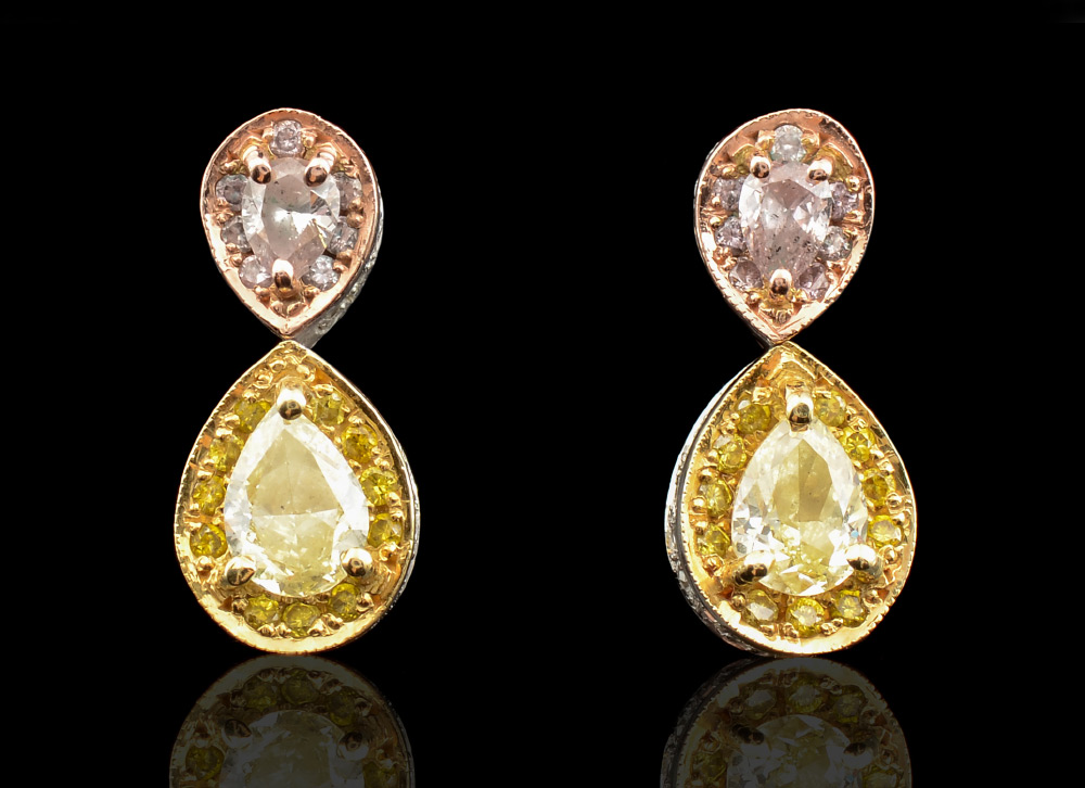 Appraisal: UNIQUE K TRI GOLD DIAMOND DROP EARRINGS Drop earrings featuring