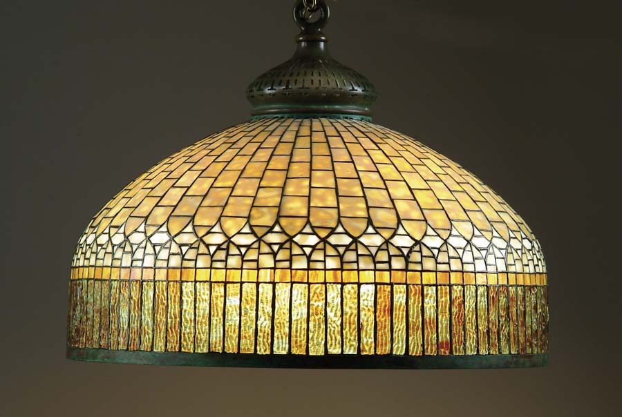 Appraisal: TIFFANY CURTAIN BORDER HANGER Spectacular Tiffany hanging lamp has wonderful