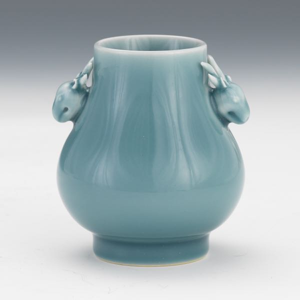 Appraisal: CHINESE PORCELAIN CLAIR-DE-LUNE BLUE GLAZE DEER HANDLE VASE APOCRYPHAL QIANLONG