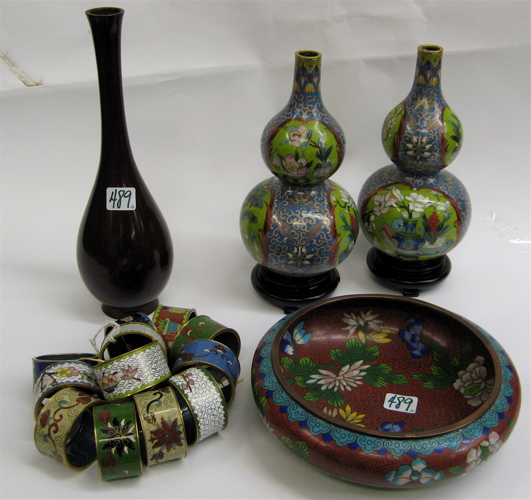 Appraisal: FIFTEEN CLOISONNE ARTICLES A BRONZED BUD VASE cloisonne items include