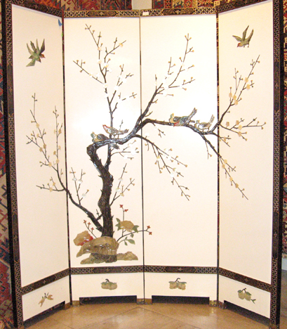 Appraisal: Four panel mineral and mother-of-pearl applied floor screen th century