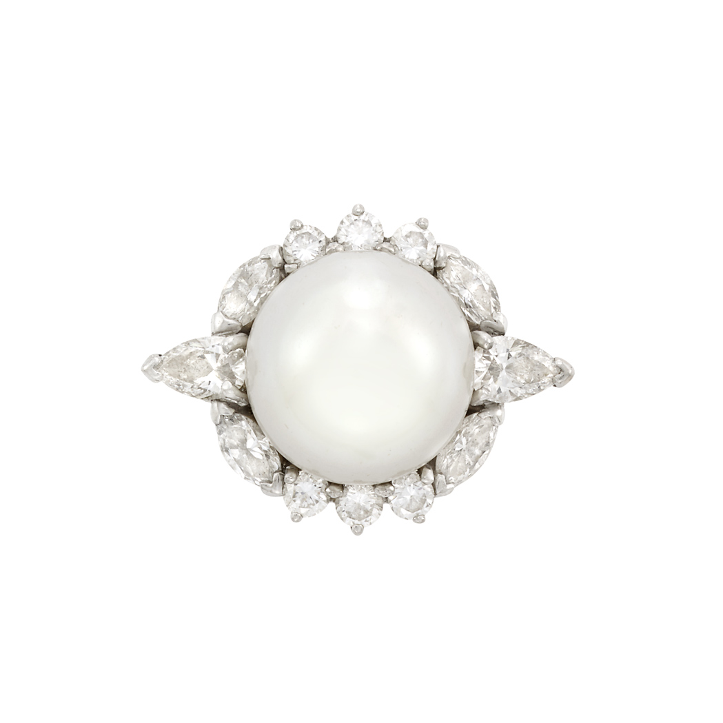 Appraisal: Platinum South Sea Cultured Button Pearl and Diamond Ring One