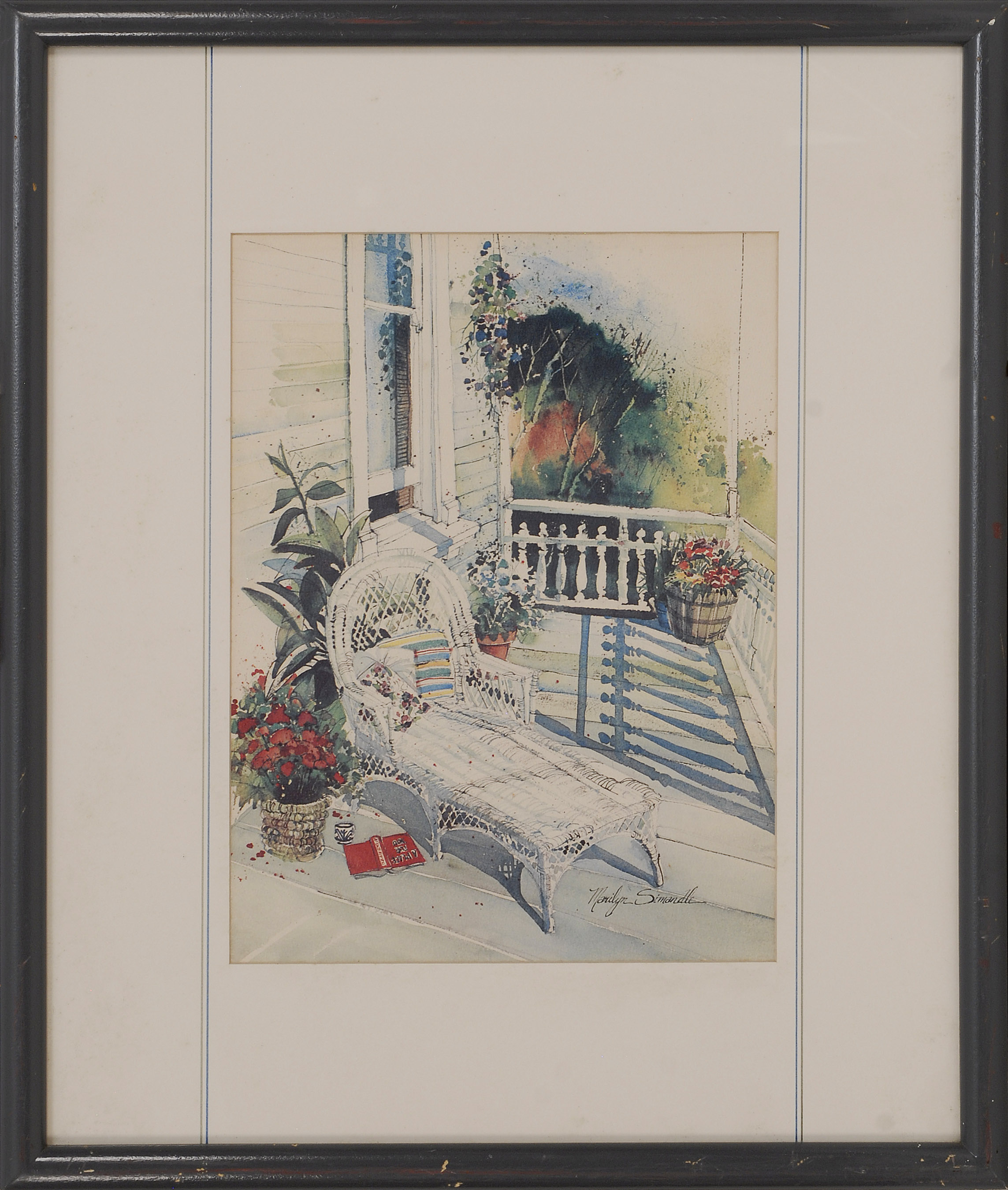 Appraisal: MARILYN SIMANDLEAmerican b Depicting a white porch with wicker chaise