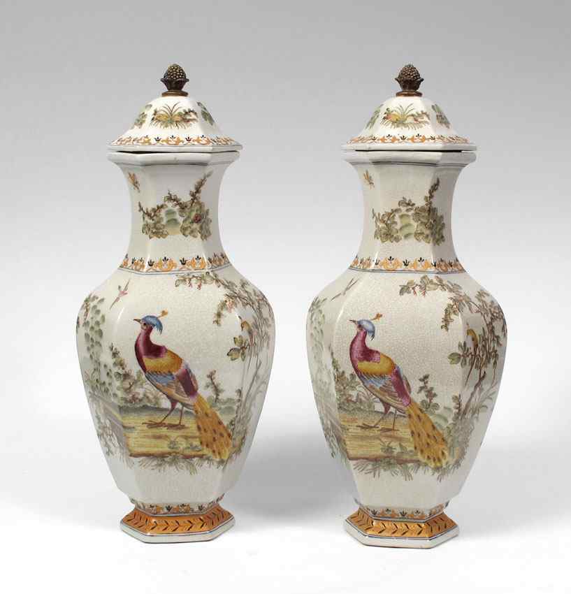 Appraisal: PAIR MODERN CHINESE CRACKLE GLAZE URNS VASES Polychrome bird design