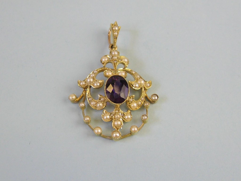 Appraisal: An Amethyst and Pearl Pendant the oval shaped amethyst within