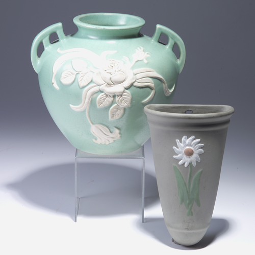 Appraisal: Two pieces a green WELLER Cameo bulbous vase and a