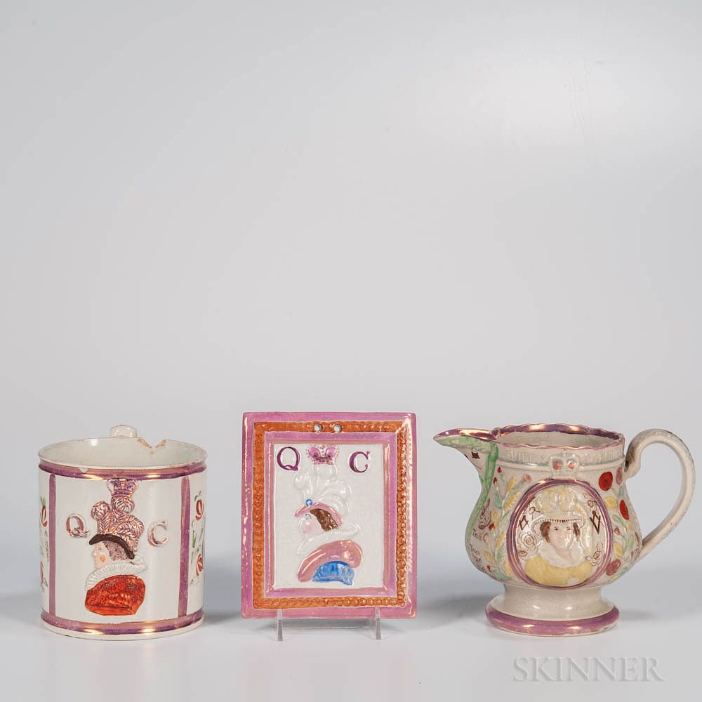 Appraisal: Three Pink Lustre Decorated British Commemorative Items Three Pink Lustre