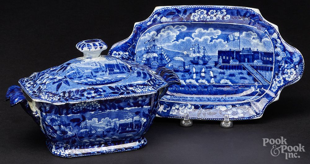 Appraisal: Historical blue Staffordshire tureen and tray Historical blue Staffordshire Landing