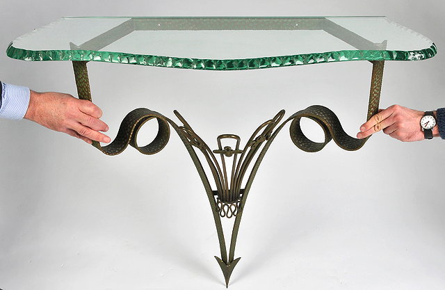 Appraisal: A FRENCH WROUGHT IRON VERDIGRIS BRONZE CONSOLE TABLE with scroll