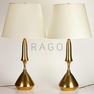 Appraisal: MODERN LIGHTING Pair of brass table lamps with parchment shades