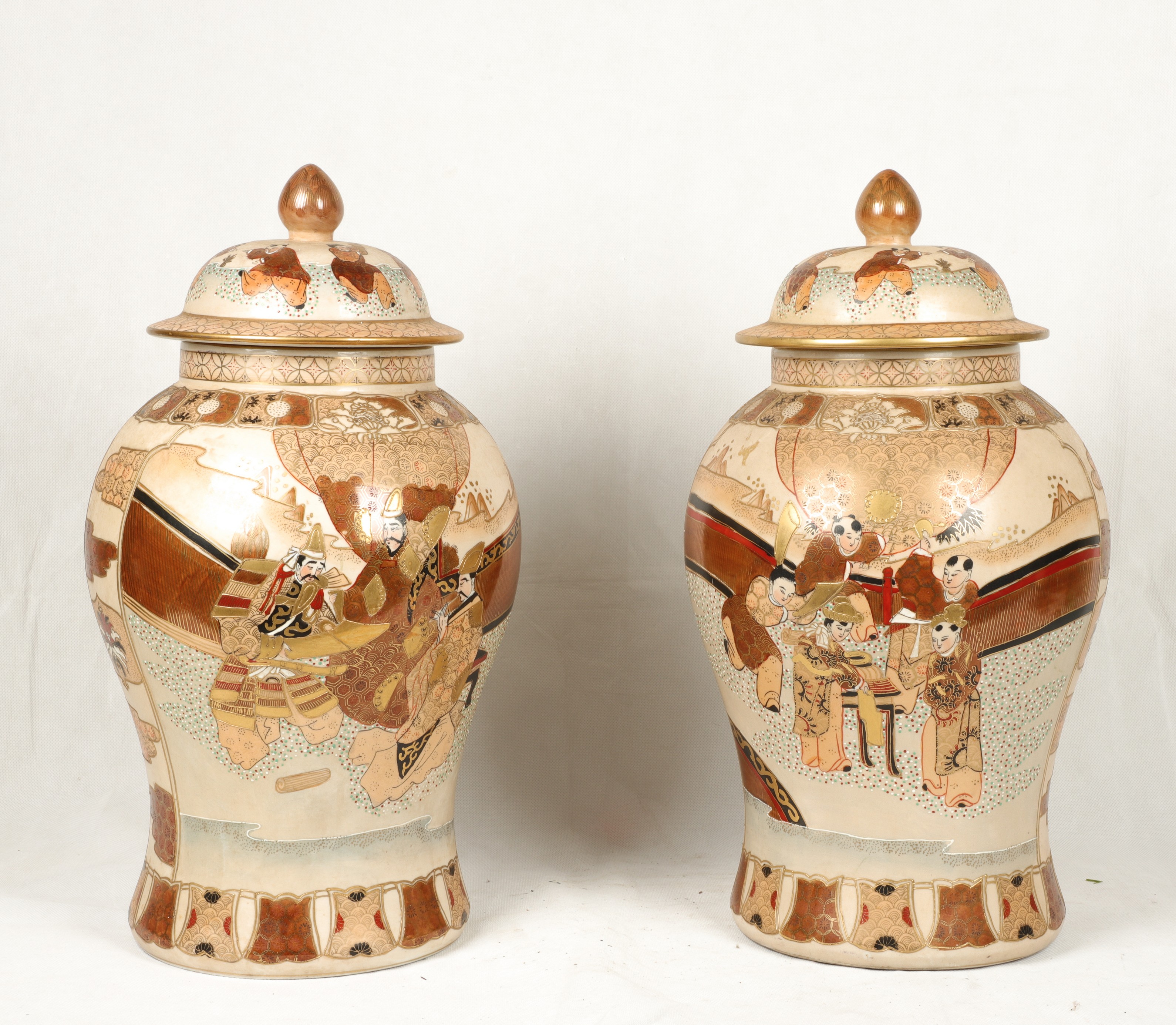 Appraisal: Pair of large Chinese covered jars Satsuma decoration K United