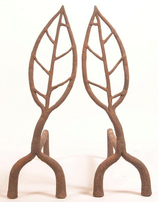 Appraisal: Pair of Iron Leaf Form Andirons Pair of Iron Leaf