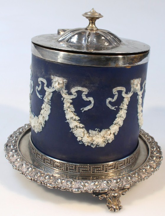 Appraisal: A late thC dark blue Jasperware biscuit box with chrome