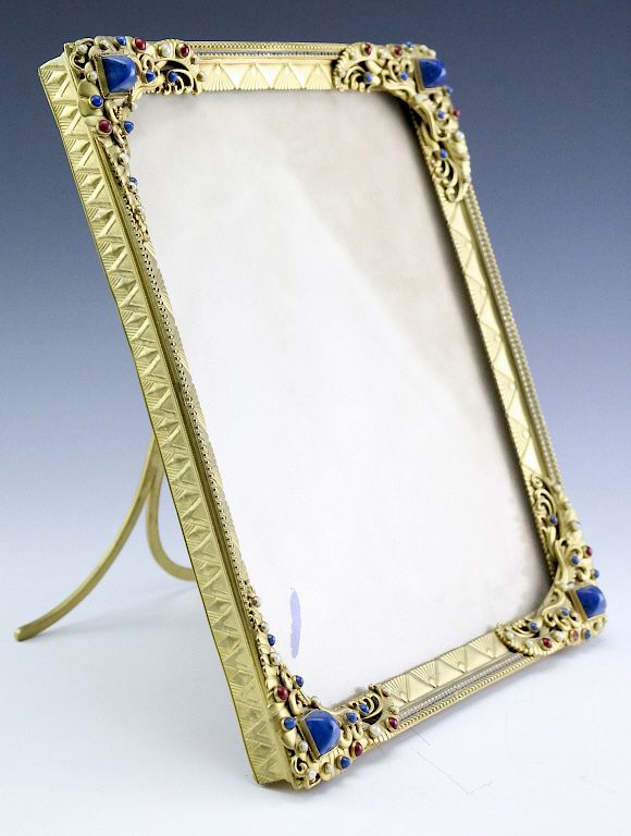 Appraisal: Gilt Egyptian Revival Bejeweled Glass Photo Frame Fine antique gilt