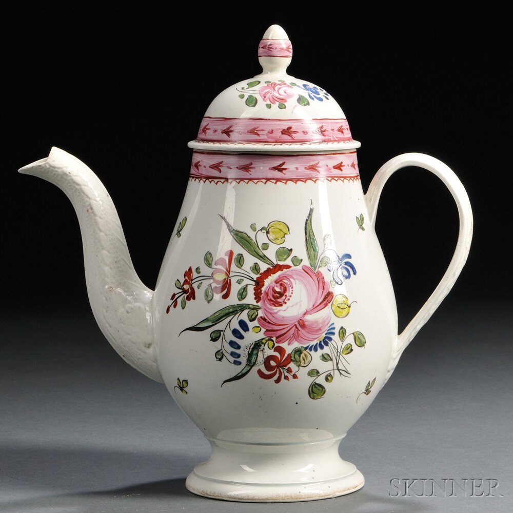 Appraisal: Pearlware Coffeepot and Cover England late th century foliate-molded spout