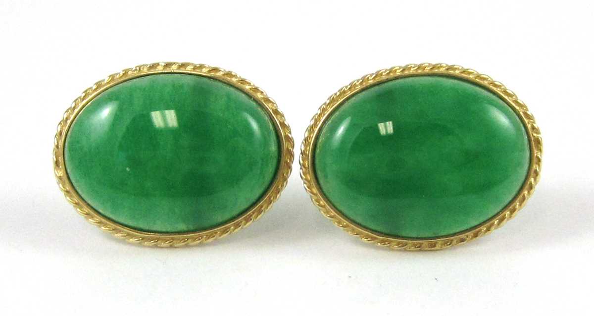 Appraisal: PAIR OF JADE AND FOURTEEN KARAT GOLD EARRINGS each with