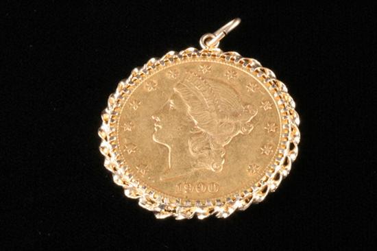 Appraisal: U S GOLD TWENTY DOLLAR COIN SET AS PENDANT IN