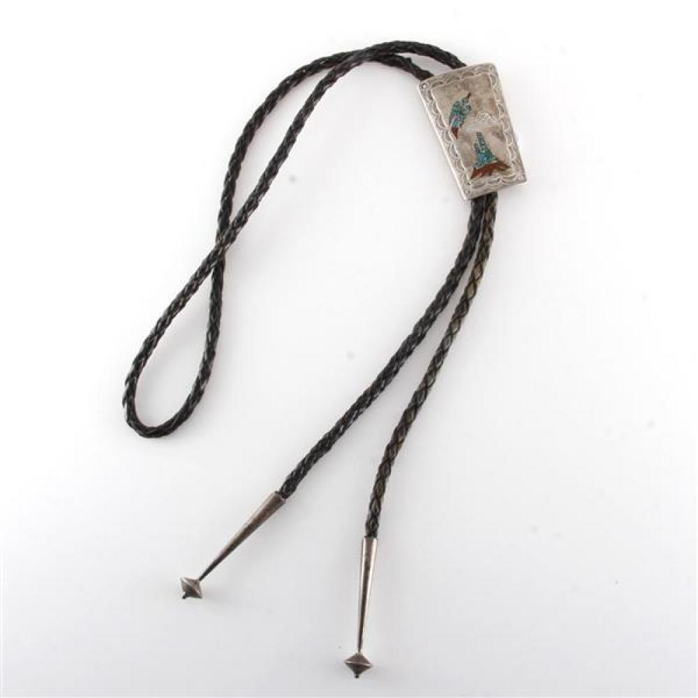 Appraisal: VINTAGE NATIVE AMERICAN INDIAN STERLING SHIELD BOLO TIE WITH INLAID