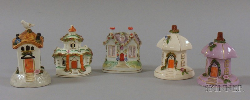 Appraisal: Five English Staffordshire Cottage Figural Items including a cottage bank