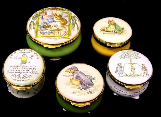 Appraisal: Five English enameled boxes three have mouse decoration on lid