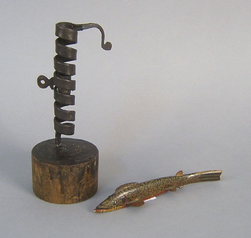 Appraisal: Spiral iron candlestick th c h together with fish decoy