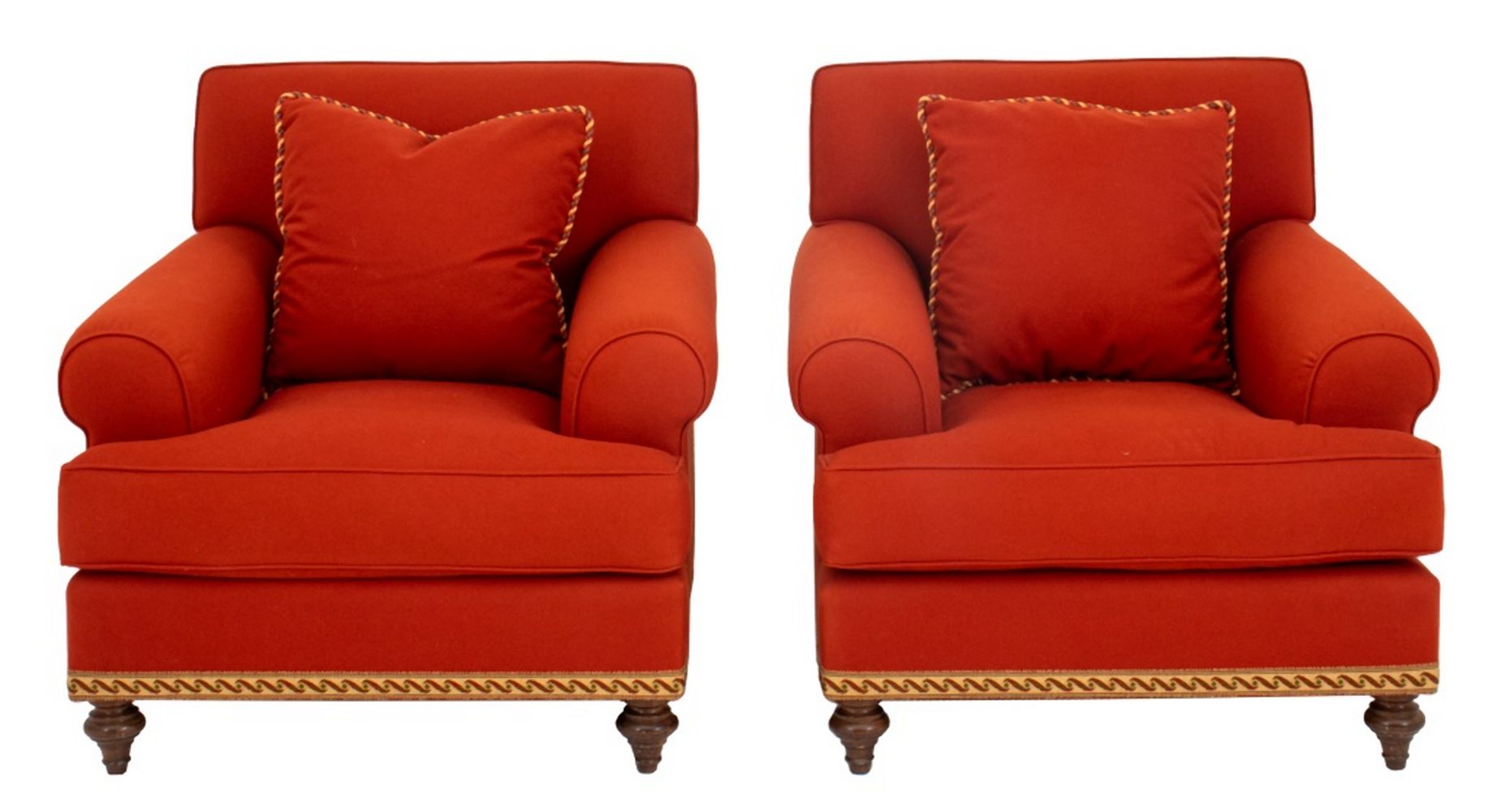 Appraisal: GEORGE SMITH ETRUSCAN RED BAIZE ARM CHAIRS PAIR George Smith