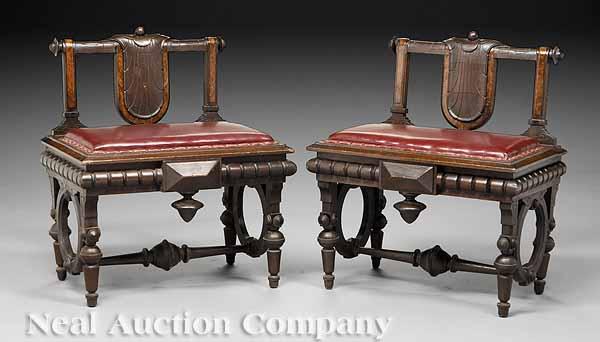 Appraisal: A Pair of American Carved Walnut and Burled Piano Benches