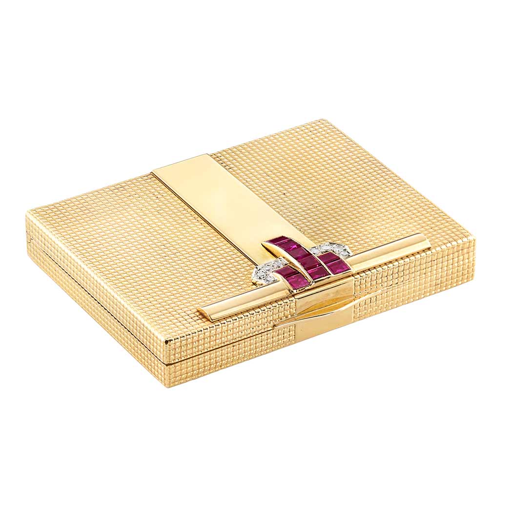 Appraisal: Gold Ruby and Diamond Compact Tiffany Co kt square rectangular-cut