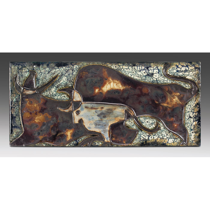 Appraisal: Modern tile abstract bull figures w x h