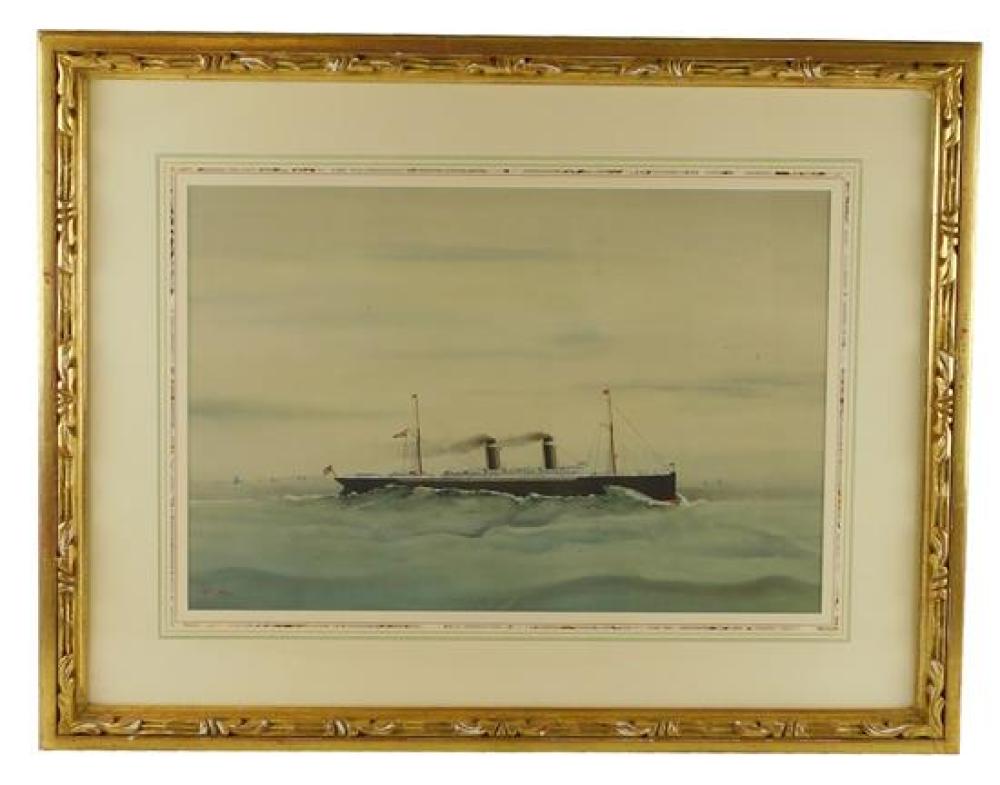 Appraisal: Watercolor depicting a steamship with two smoke stacks flying American