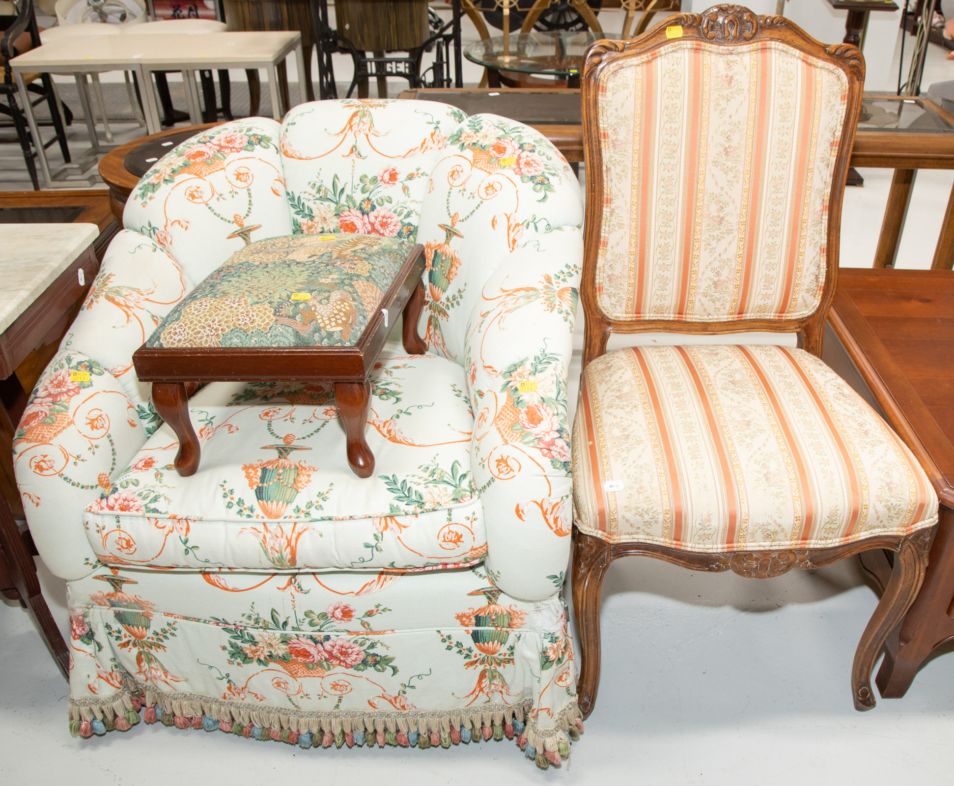 Appraisal: THREE PIECES OF FURNITURE Includes an upholstered barrel back chair