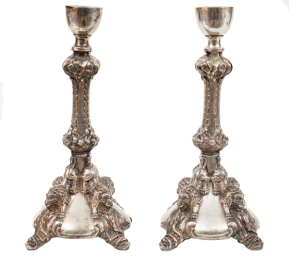 Appraisal: Pr Silver Lion Snake Candle Sticks Pair of silver candlesticks