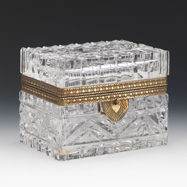 Appraisal: FRENCH CUT CRYSTAL AND PATINATED BRONZE VANITY CASKET x x