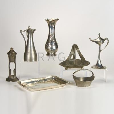 Appraisal: KAYSERZINN ETC Seven Art Nouveau-style pewter pieces including oil lamp