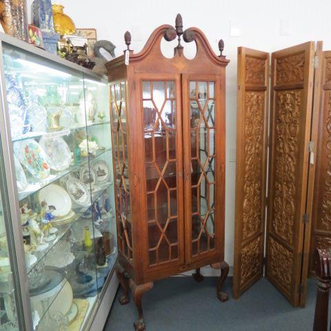 Appraisal: Chippendale Style Display Cabinet arch and flame top ball and