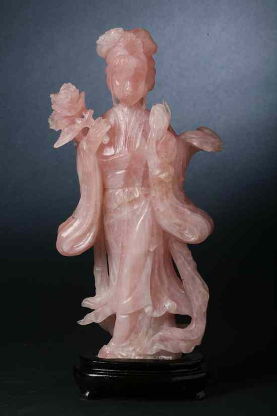 Appraisal: CHINESE ROSE QUARTZ FIGURE OF MEIREN Wearing long robes and