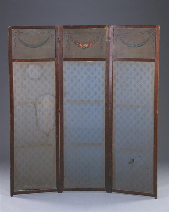 Appraisal: CONTINENTAL THREE-PANEL FOLDING SCREEN late th century Handpainted ribboned garlands