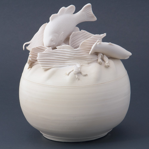 Appraisal: STUDIO Porcelain vessel carved and modeled with marine life at