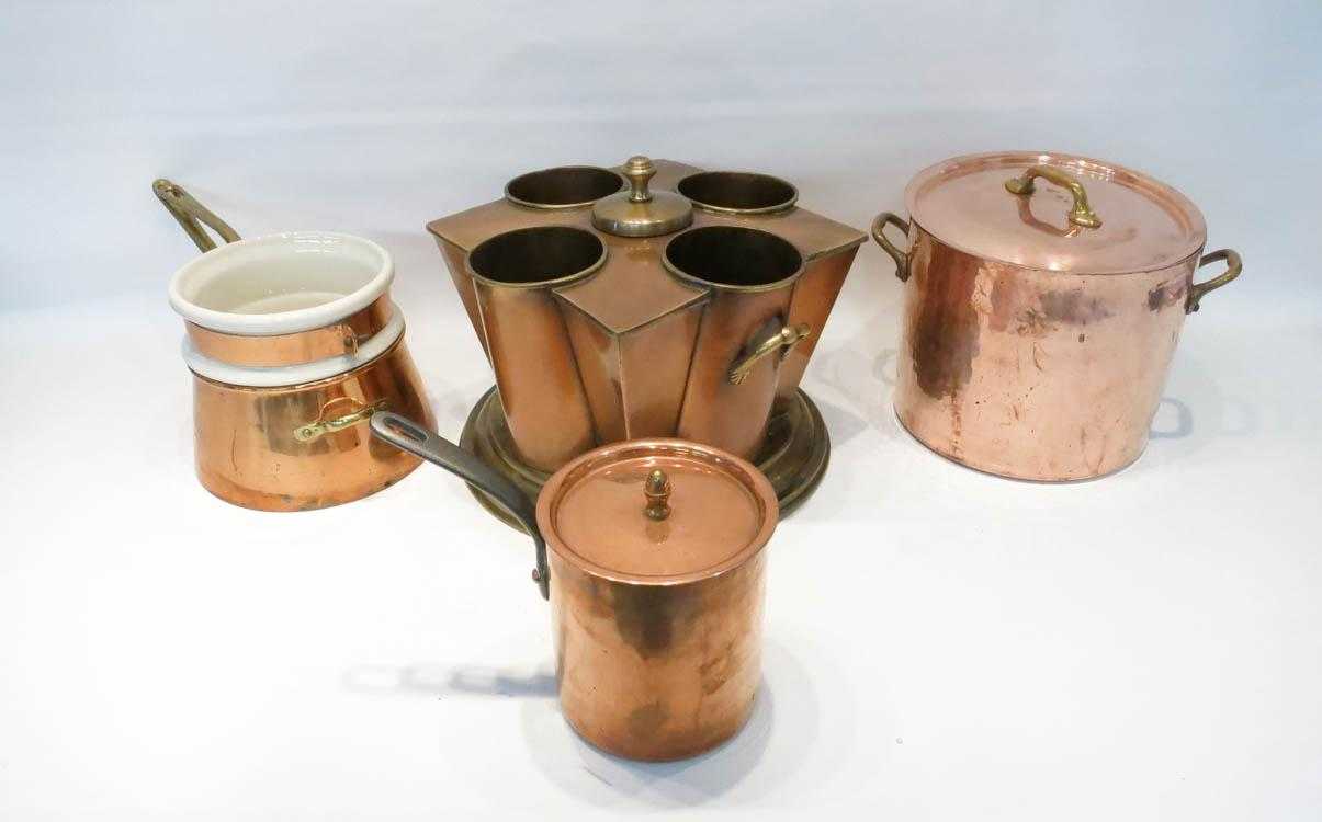 Appraisal: FOUR COPPER KITCHEN ACCESSORIES including a double boiler a lidded